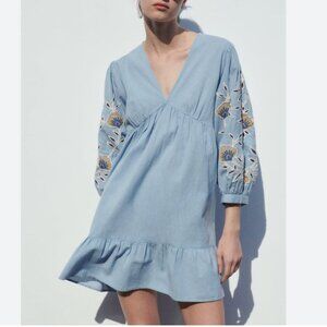 Zara Powder Blue Mini Dress with Embroidered Sleeves